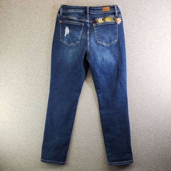 Judy Blue Jeans Womens 27 Blue Floral Embroidered High Rise Boyfriend Flowers - Picture 5 of 16